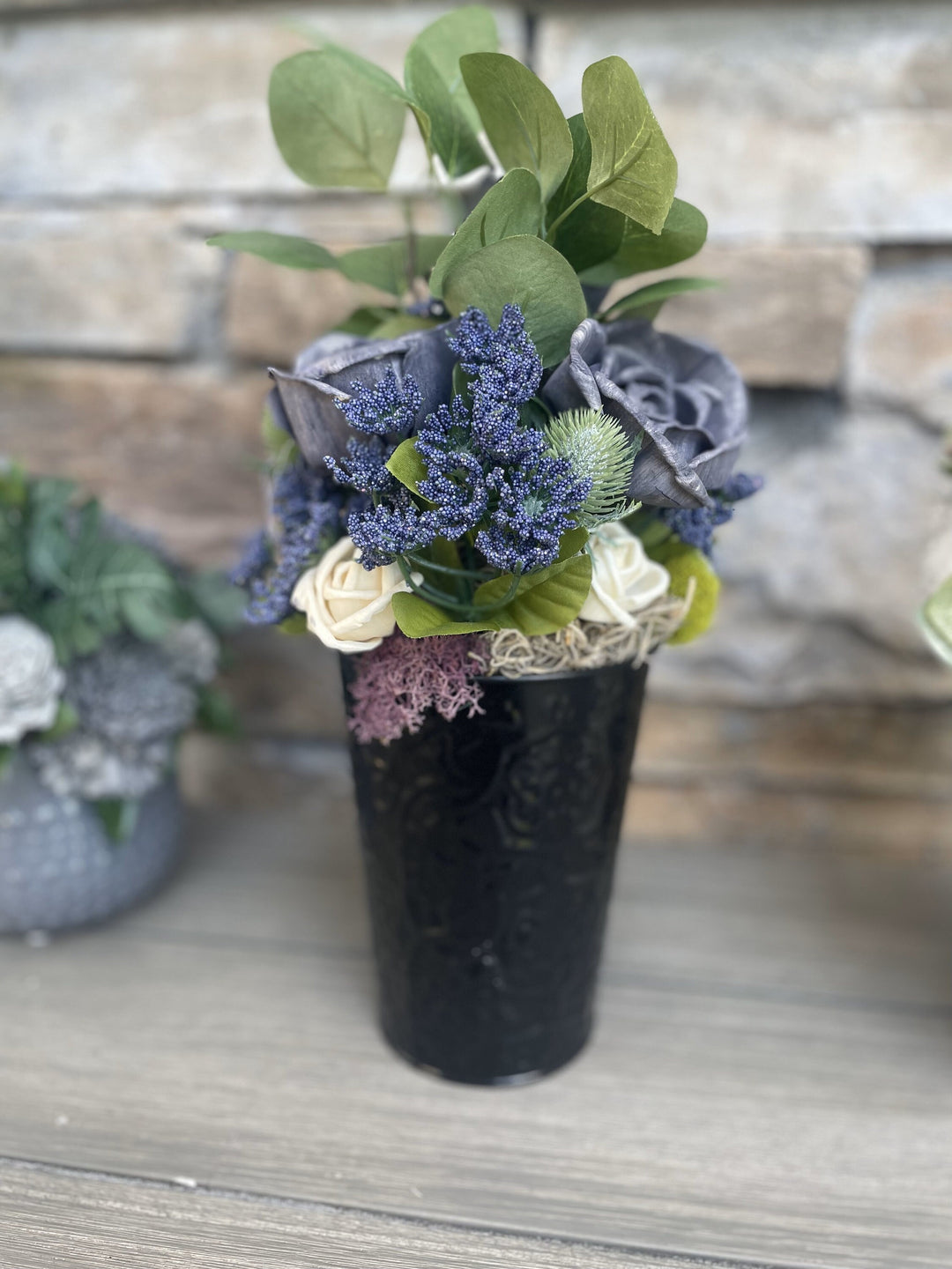 Sola Wood Flower arrangements. Black metal vase Gray flowers. Eco Friendly.