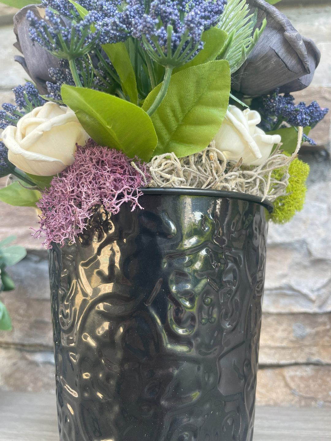 Sola Wood Flower arrangements. Black metal vase Gray flowers. Eco Friendly.