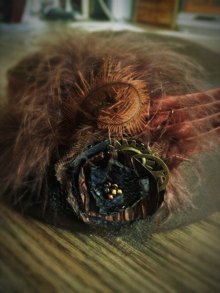 Vintage genuine fur felt hat with hand made flower steampunk inspired.