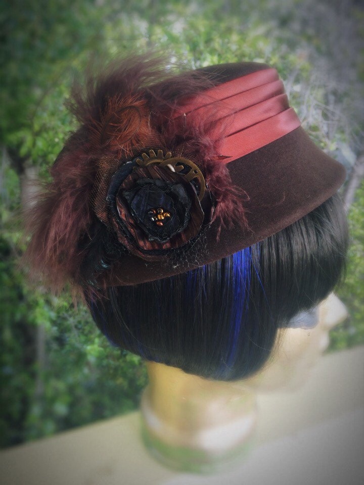 Vintage genuine fur felt hat with hand made flower steampunk inspired.