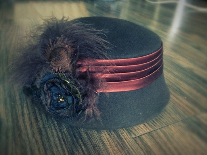 Vintage genuine fur felt hat with hand made flower steampunk inspired.