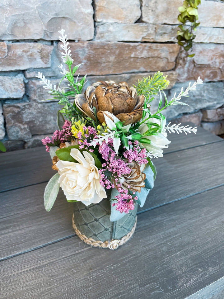 Sola Wood Flower arrangements. Eco Friendly. Country style metal vase