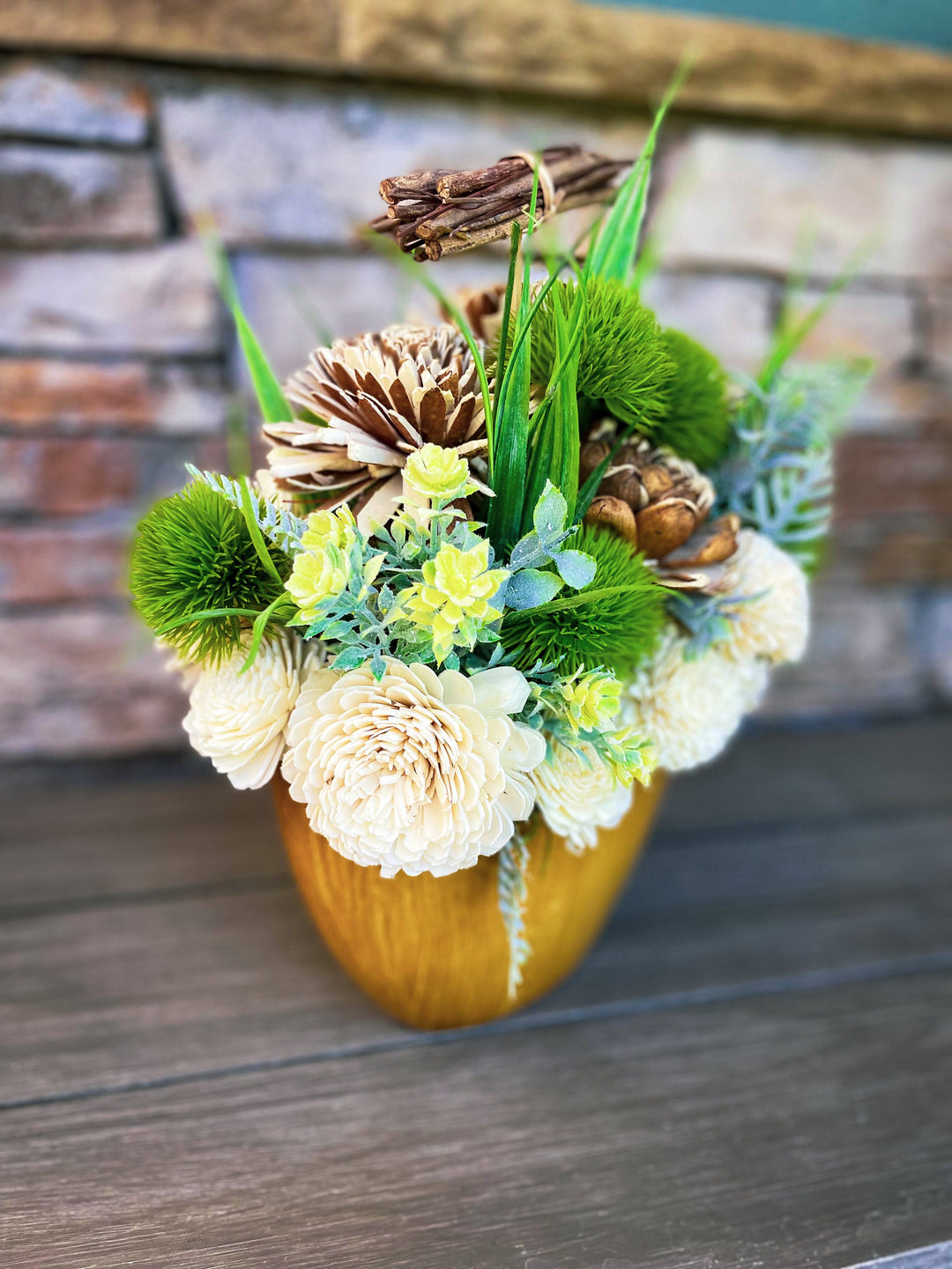 Sola Wood Flower arrangements. Eco Friendly. Brown vase