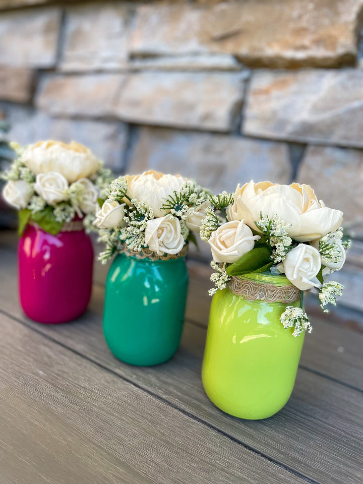 Sola Wood Flower arrangements. Eco Friendly. Mason Jar vase