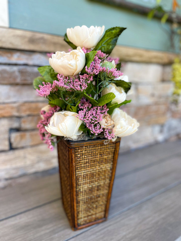 Sola Wood Flower arrangements. Eco Friendly. Wicker vase