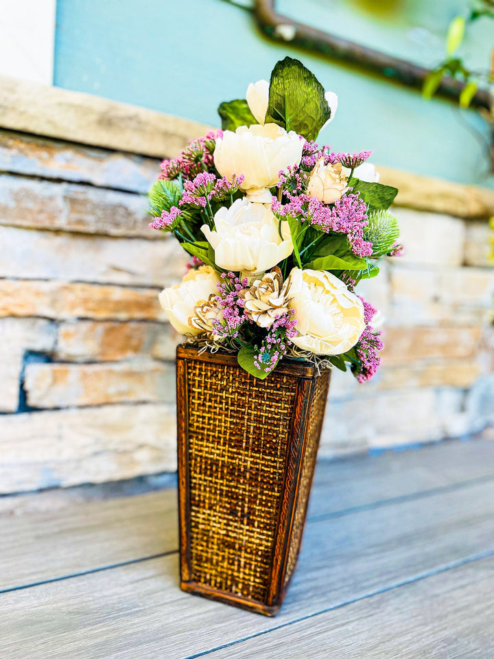 Sola Wood Flower arrangements. Eco Friendly. Wicker vase